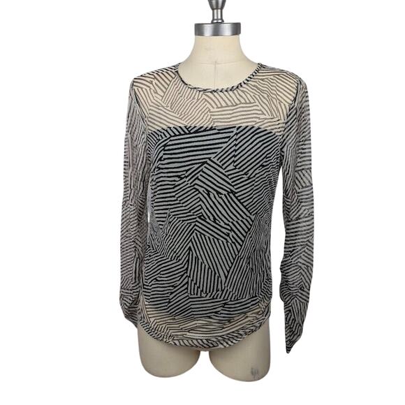 DKNY Long Sleeve Mesh Top Ivory Black Stripe Layered Women's Size M - Picture 1 of 4